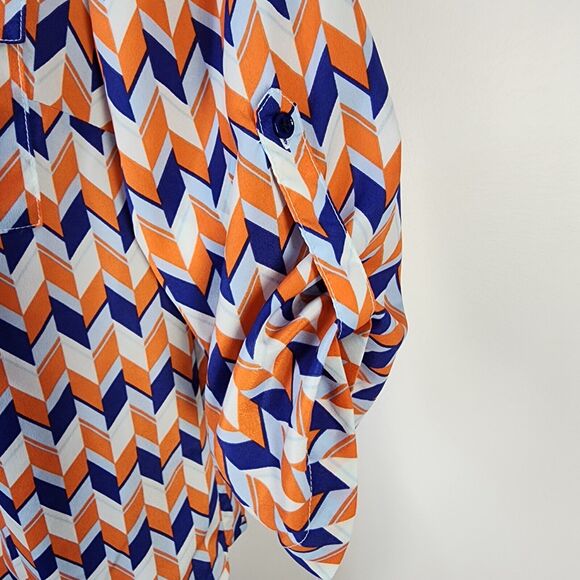 41 Hawthorn Womens Top Size XS Button Up Blouse Chevron Orange Blue Pockets V - Picture 6 of 10